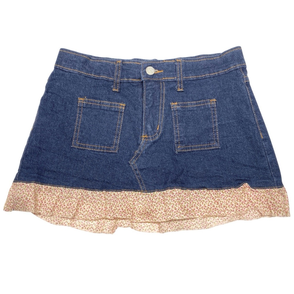 Vintage Agaci Too Y2K Low Rise Micro Mini Skirt Denim Size 27 x 11 Floral Trim‎